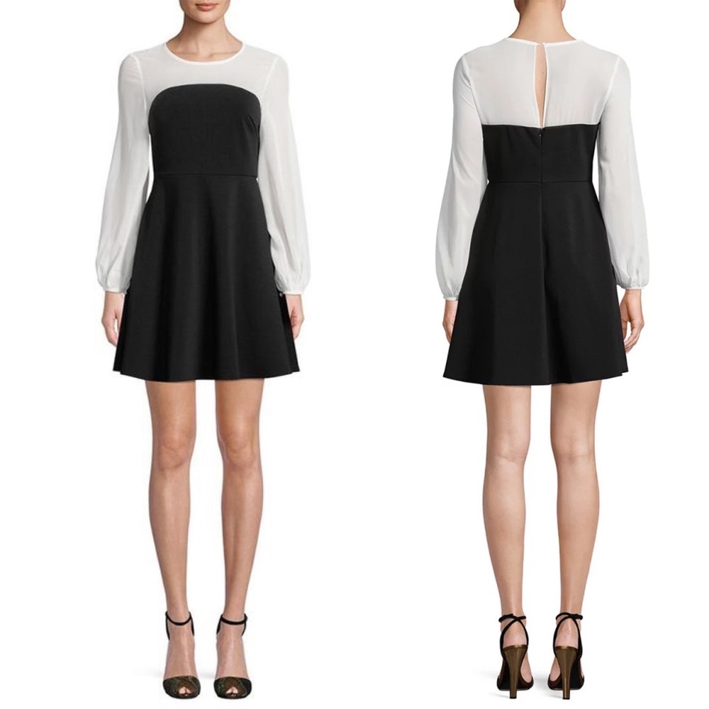 NWT Few Moda black fit and flare dress w/ sheer white long sleeves (L)